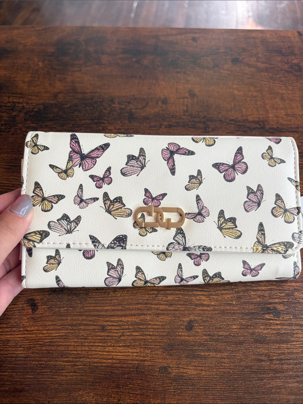 White Butterfly Print Wallet with Gold Hardware